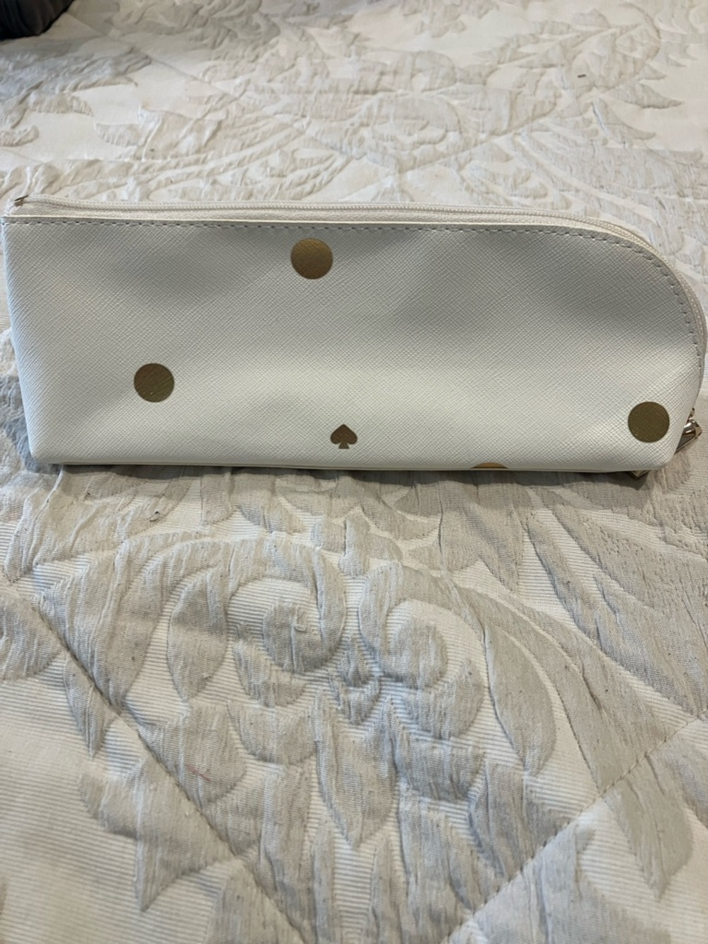 Kate Spade White Polka Dot Zip Cosmetic Brush Pencil Pouch with Gold Accents